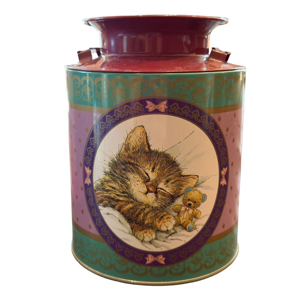 Vintage Giordano Sleeping Cat Teddy Bear Milk Churn Style Metal Tin Canister